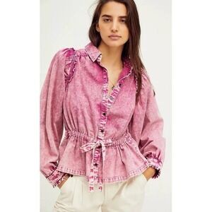 Free People You're All Mine Pink Acid Wash Denim Blouse Jacket‎ Long Sleeve S